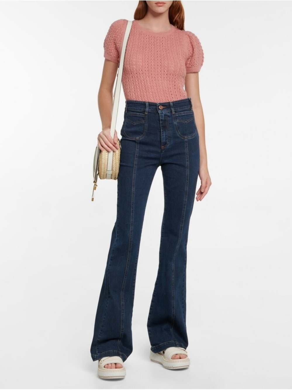See by Chloé High-Rise Flared Pintuck Jeans Blue Denim Size 24